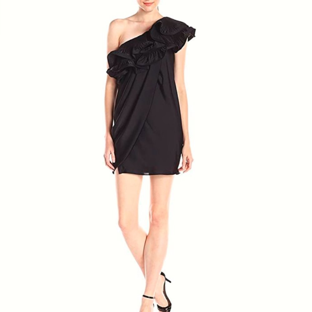 BCBGMaxAzria New DRESS One-Shoulder Ruffle Layered BLACK Mini Party Club NWT